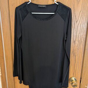 Ivanka Trump Studded Faux Suede Shoulder Long Sleeve Black Blouse-Medium